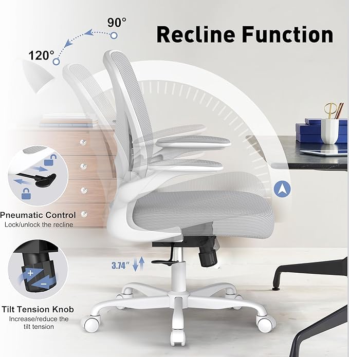 ZZH Ergonomic Office Chair Set of 4 with Adjustable Lumbar Support, Mesh Home Office Desk Chair with Wheels and Flip-up Arms, Grey