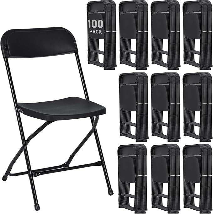 100 Pack Plastic Black Folding Chairs, Portable Stackable Commercial Party Folding Chairs with Steel Frame 350lbs for Home Office Outdoor Indoor Office Wedding Party Event