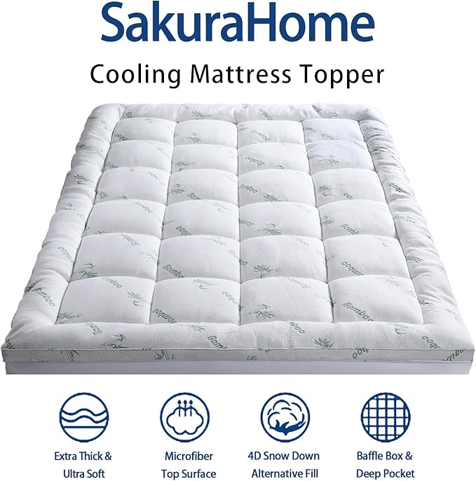 Mattress Topper Queen Size, Cooling Extra Thick Breathable Viscose Made from Bamboo Mattress pad, Soft Quilted Fitted Mattress Cover with 1000 GSM Down Alternative Fill (8-21”Deep Pocket)