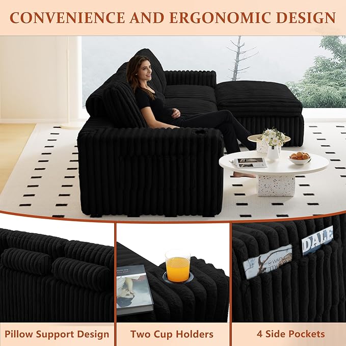 114" Cloud Boneless Sectional Couches for Living Room, Modular Sectional Sofa with Cup Holder, Cozy Fluffy L Shaped Deep Seat Boneless Couch with Storage Pocket, No Assembly Required, Black