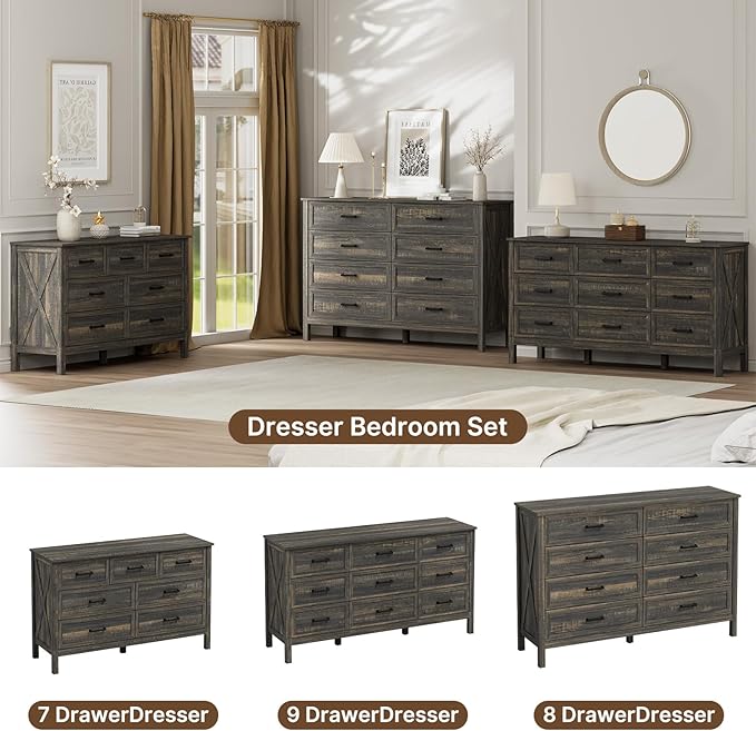 LYNSOM Farmhouse 9 Drawers Dresser for Bedroom, Wood Rustic Wide Chest of Drawers with Deep Drawers, Metal Handle, Storage Dressers Organizer for Entryway, Hallway, Dark Rustic Oak