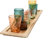 Creative Co-Op Round Glass Votive Holders on Wood Tray, Yellows & Greens, Set of 9