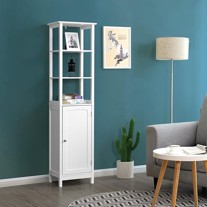 VASAGLE Storage Cabinet, Slim Linen Tower with Drawer and Door, for Living Room, Bathroom, Bedroom, 15.7 x 12.6 x 63 Inches, White UBBC63WT
