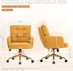 Velvet Office Chair, Comfy Home Office Desk Chairs with Lumbar Support, Modern Velvet Desk Chair Gold Legs Small Swivel Task Chair for Home Office, Bedroom, Study (Yellow, XL)