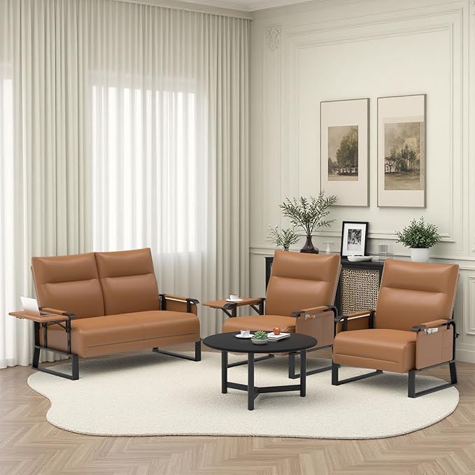 Modular Cloud Sectional Couches for Living Room, Faux Leather Loveseat & Accent Chairs Set of 2, Upholstered Sectional Sofa Set for Office, Brown