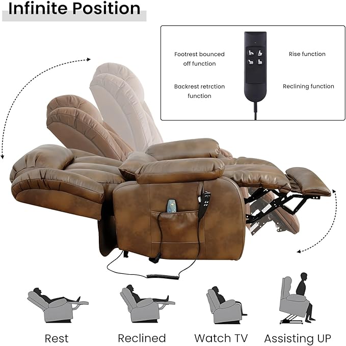 TEKAMON Power Lift Recliner Chair for Elderly with Heat & Massage, Dual Motor Breathable Leather Recliner, Lay Flat Sleeping Chairs with Infinite Position, Remote Control & USB Ports(Ochre, Extended)