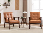 ANJ Mid Century Modern Accent Chair for Living Room, Tufted Faux Leather Armchair, Comfy Retro Bedroom Side Chair with Dark Wood Frame, Orange Brown