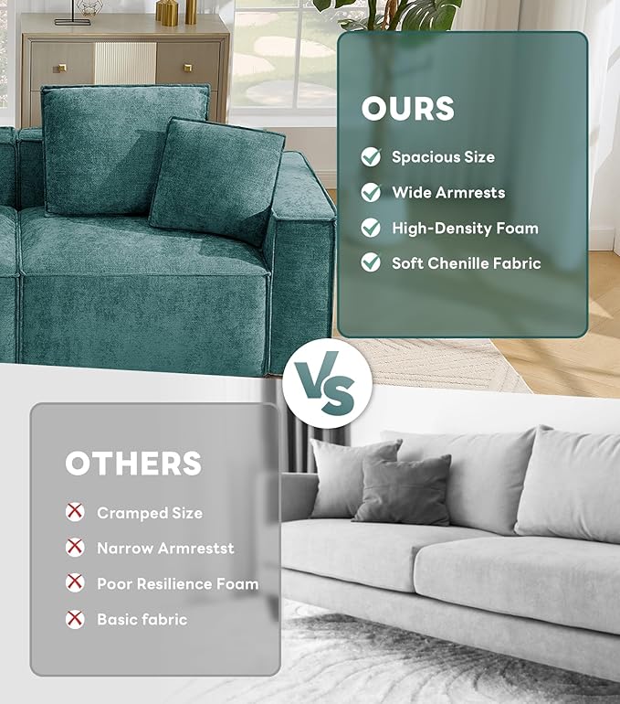 WILLOVE Modular Sectional Sofa Set, Chenille Cloud Couch with Wide Armrests & 8 Pillows, Deep Seat Couches for Living Room, 4-Seater Green