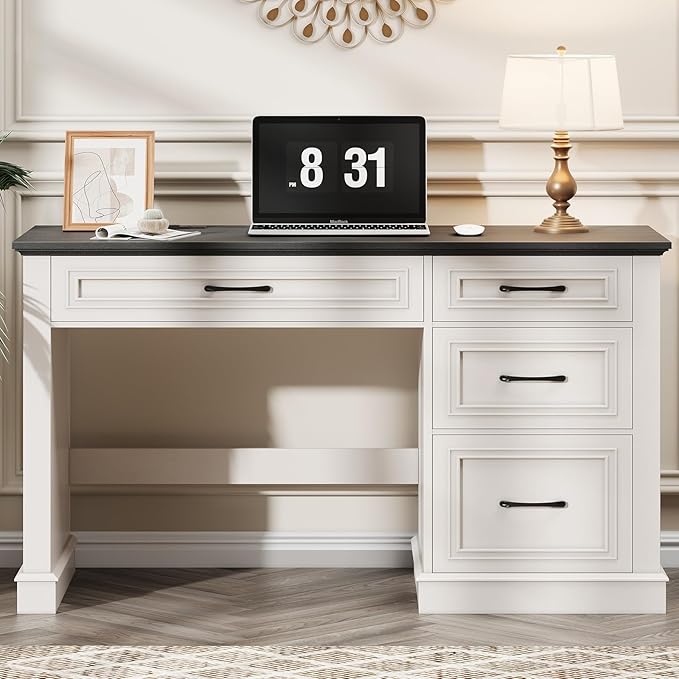 Farmhouse 47" Executive Desk, Computer Desk with Drawers and File Drawer, Workstation Computer Desk with Charging Station for Home Office, Study (Black)