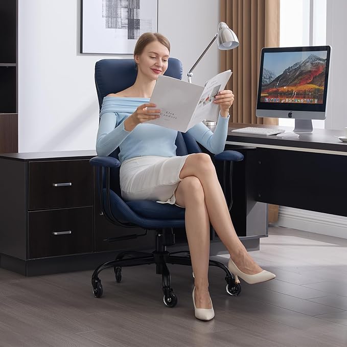 Home Office Desk Chair, PU Casters Ergonomic Computer Chair with Lumbar Support, Adjustable Height, 360°Rolling Swivel Chair, High Back Executive Task, Padded Armrests Chair, Blue Leather
