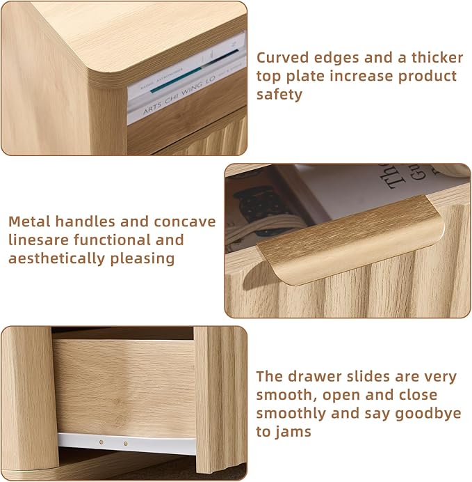 LEYAOYAO 31" Wide Fluted Nightstand Set of 2 with Charging Station, Oversized Extra Large 2 Drawers Night Stand,Natural Wood Bedside Table,Tall End Tables,Modern Chest of Drawers Dressers for Bedroom