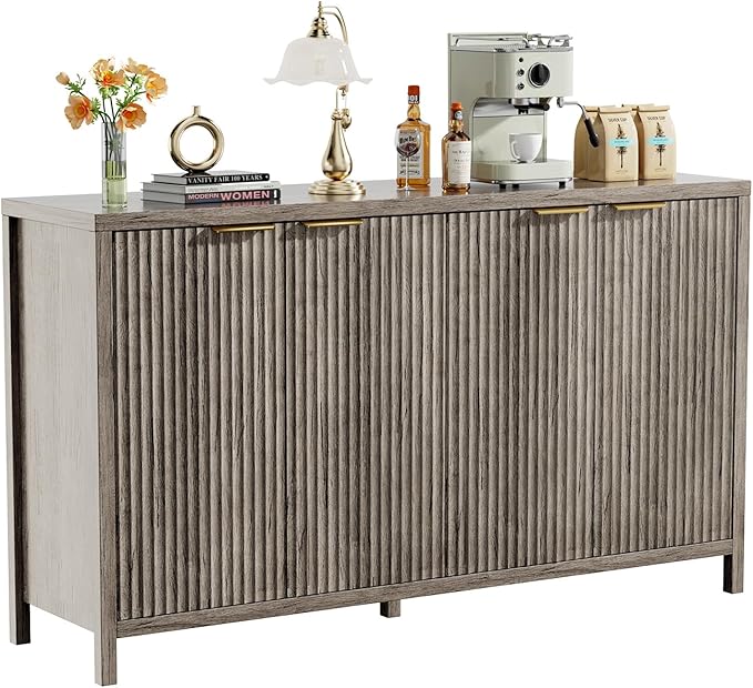 Fluted Sideboard Buffet Cabinet, 55" Large Storage Buffet Cabinet with 4 Doors and Adjustable Shelves, Modern Sideboard Console Table for Living Room,Entryway,Dinning Room,Kitchen-Grey