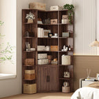 74" Tall Corner Bookshelf with 2 Arched Doors, 6-Tire L Shaped Bookcase with 16 Open Storage Shelves, Rustic Large Corner Shelf with Cabinet for Living Room, Home Office