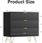 Black Dresser for Bedroom, Fluted Modern Dresser with Gold Pulls and 3 Drawers, 15.7" D x 31.5" W x 29.5" H