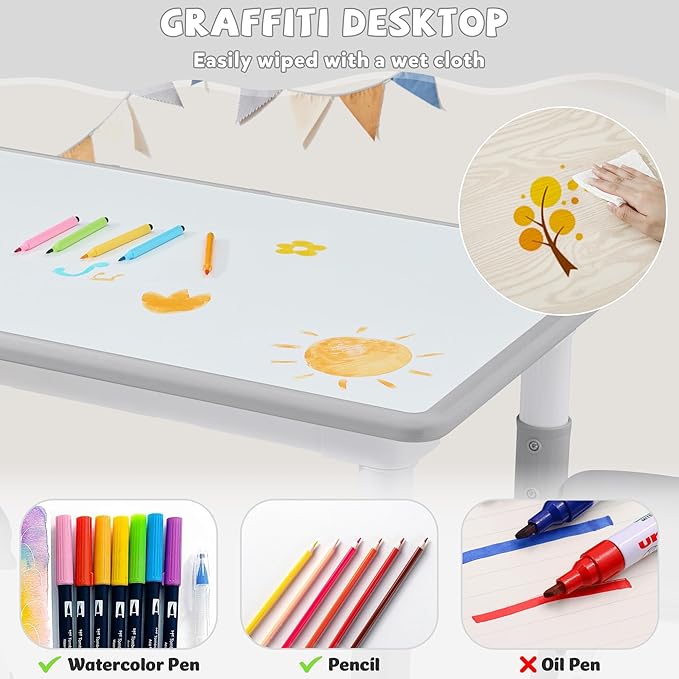 Adjustable Kids Table Chairs Set – Graffiti Desktop, Multi-Activity Height-Adjustable Toddler Study Desk for Ages 3-8 – Ideal for Home, Classroom, Daycare (B-Gray, 4 Chairs-47.2" L x 23.6" W)