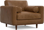 SIMPLIHOME Morrison Accent Chair - 43 inch Wide Upholstered Top Grain Genuine Leather Mid-Century Modern Arm Chair with Solid Wood Frame in Caramel Brown, for Living Room with 2 Bolster Pillows