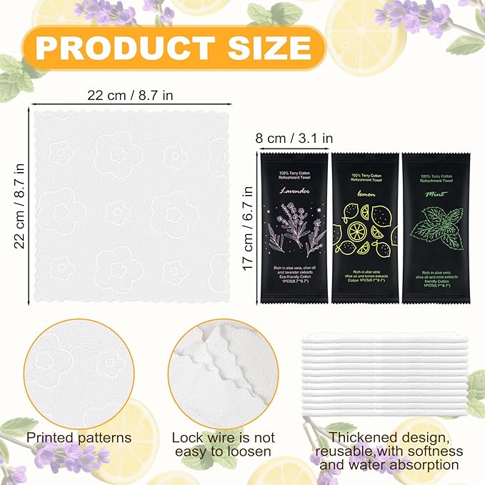 Moist Cotton Towel Bulk Moist Towelettes Individually Wrapped 8.7" x 8.7",White Towel Services,Refreshment Pre Moistened Towels Lavender,Lemon and Mint for Sport Party Spa(Pack of 150)