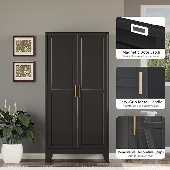Bathroom Storage Cabinet Freestanding, 61" Tall Metal Cabinets with Doors and Shelves, Black Kitchen Pantry Cabinet, Utility Metal Locker Storage Cabinet for Garage, Home Office