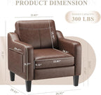 PU Leather Accent Chair, Mid-Century Modern Living Room Armchair Sofa with Removable Cushions, Solid Wood Frame & Stitched Armrest Design, Bedroom Chair with Plastic Legs, Chocolate Brown