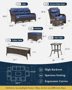 HILLGA Luxury Patio Furniture Set with 6-Inch Thick Cushions, High Back Outdoor Swivel Rocker Chairs and Patio Couch, 10-Piece All Weather Conversation Set for Porch Deck Pool Yard, Blue (V3)
