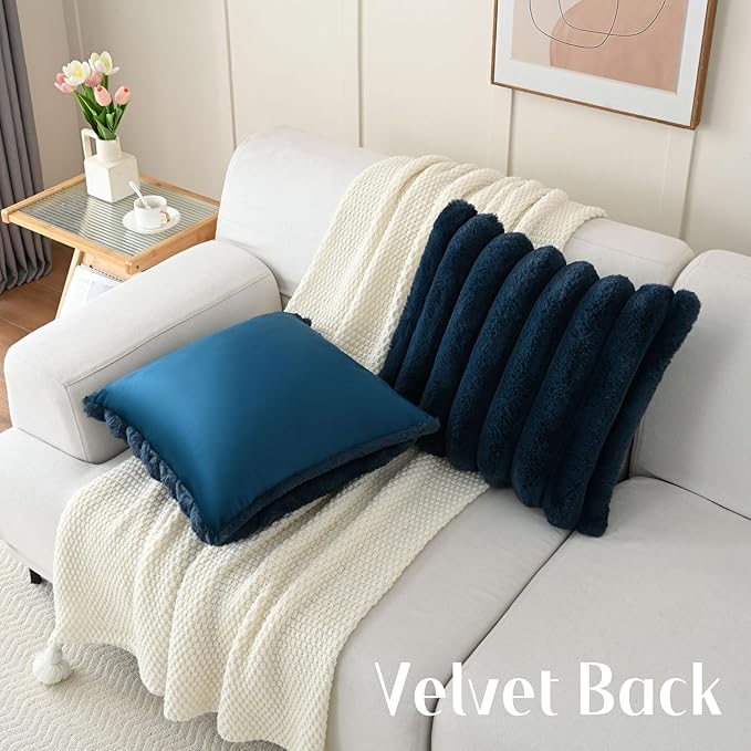 FUTEI Navy Blue Decorative Throw Pillow Covers 20x20 Inch Set of 2, Square Soft Faux Rabbit Fur Thick Striped Cushion Cover,Winter Home Decor for Couch Bed Living Room