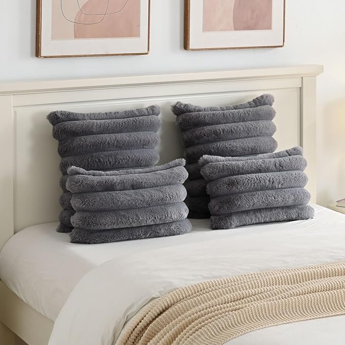 FUTEI Grey Decorative Throw Pillow Covers 26x26 Inch Set of 2, Square Soft Faux Rabbit Fur Thick Striped Euro Pillow Shams,Winter Home Decor for Couch Bed Living Room