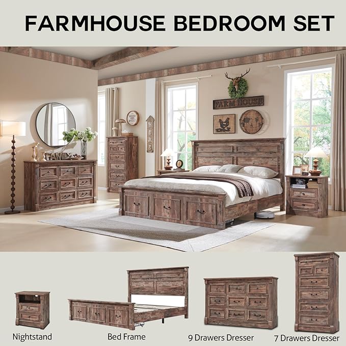 8 Drawers Dresser for Bedroom, Farmhouse 61" Wide Dressers & Chests of Drawers w/Roman Column, Large Storage Dressers Organizer w/Two Different Drawer Sizes for Bedroom,Living Room,Light Brown