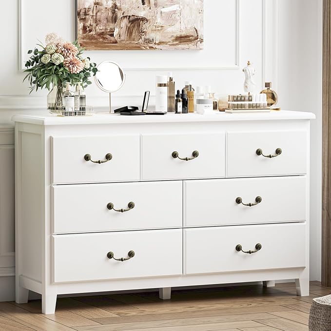 White Dresser for Bedroom, Modern 7 Drawer Double Dresser with Vintage Gold Antique Handles, Chest of Drawers for Bedroom, Antique White