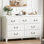 White Dresser for Bedroom, Modern 7 Drawer Double Dresser with Vintage Gold Antique Handles, Chest of Drawers for Bedroom, Antique White