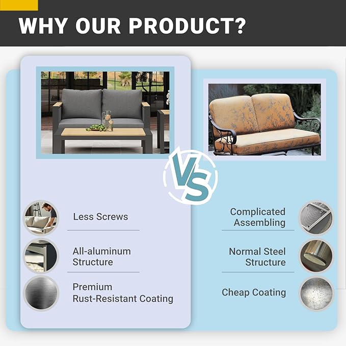 Corinth 5-Piece Aluminum Patio Conversation Set - Outdoor, Porch, Balcony, Yard, Gardern, All Weather Furniture Set with Loveseat Sofa, Grey