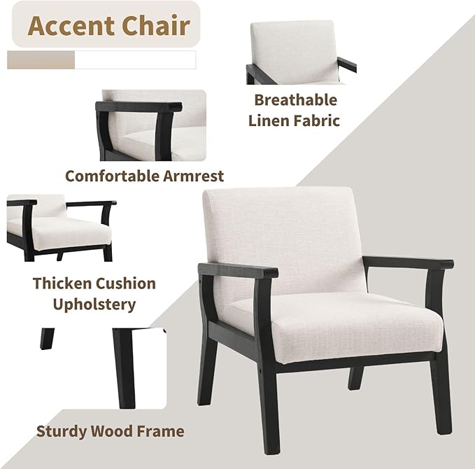 HNY Mid Century Armchair with Black Wood Frames, Linen Upholstered Living Room Arm Chair, for Living Room, Bedroom, Ivory
