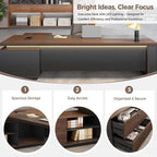 L-Shaped Executive Desk with LED Lights, Lockable Storage & 3-in-1 Charging Station, Reversible Cabinet, Modern Wood Office Desk for CEO, Manager & Home Office(Black Walnut+Khaki, 95"L*71"W*30"H)