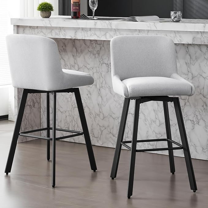 Swivel Bar Stools Set of 4, 30''H Upholstered Barstools with Backs, Modern Counter Height Bar Stool Chairs for Kitchen Island, Metal Legs, Fabric, Light Gray Counter Stools