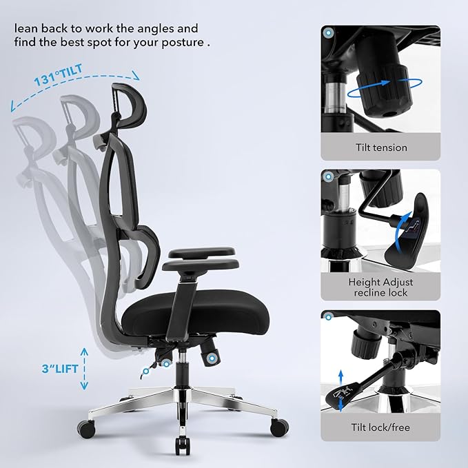 Chair Master Ergonomic High Back Mesh Office Chair, 3D Armrest, Adjustable Headrest, Variable Tilt (Nylon Casters)