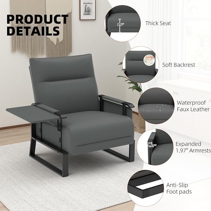 Upholstered Accent Chair, Modern Faux Leather Sofa Chair with Foldable Side Tray Table & Storage Pocket, Small Accent Sofa for Living Room, Bedroom, Reception Room, Gray