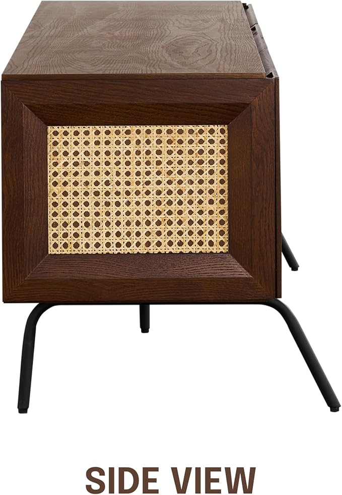 NTC Mossic TV Media Cabinet with 3 Doors for TVs, Entertainment Center with Natural Rattan, Metal Legs, Modern Storage Console for Living Room and Bedroom, Effortless Assembly, Dark Walnut