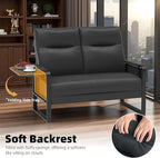 Modern Leather Loveseat, Small Sofa with Side Tray & Pocket, Upholstered Mini Couch for Living Room, Office, Guest Room, Black