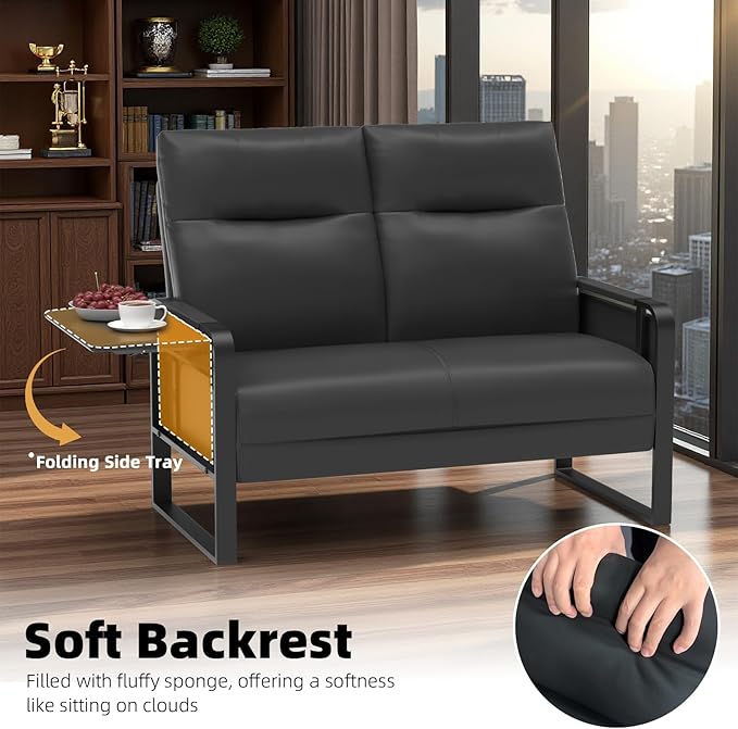 Modern Leather Loveseat, Small Sofa with Side Tray & Pocket, Upholstered Mini Couch for Living Room, Office, Guest Room, Black