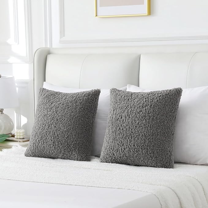 FUTEI Dark Grey Throw Pillow Covers 22x22 Inch Set of 2,Furry Faux Fur Teddy Boucle Textured Cushion Covers,Soft Fluffy Decorative Pillow Case,Home Decor for Couch Bed Living Room Office Car