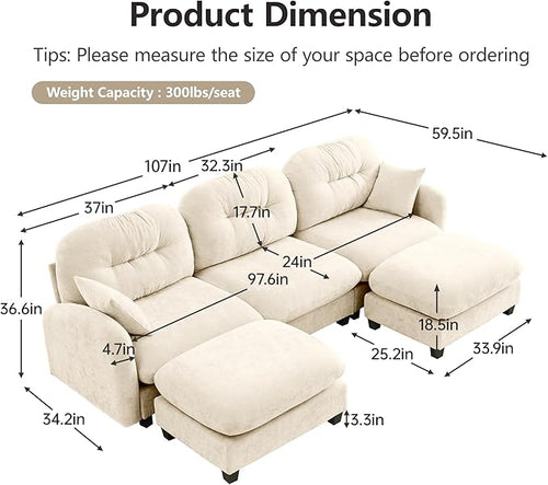 107" U Shaped Couch for Living Room, Comfy Chenille Fabric Cloud Sectional Couch, Modern Upholstered Deep Seat Sofa with Pillow and 2 Movable Ottoman, Oversized 3 Seater Sectional Sofa, Beige