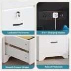 Bestier 59” Office Desk with Lockable Drawers, Modern Computer Desk with File Drawer, Charging Station & Drop-Front Keyboard Drawer, Executive Desk with Storage Cabinet for Home Office & Studio, White