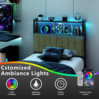 VINGLI Twin or Twin XL Size Headboard, Adjustable Upholstered Headboard with 2 Tier Shelves and Pegboard with Charging Stations and LED Lights, Modern Bed Headboard with Storage for Bedroom Decor