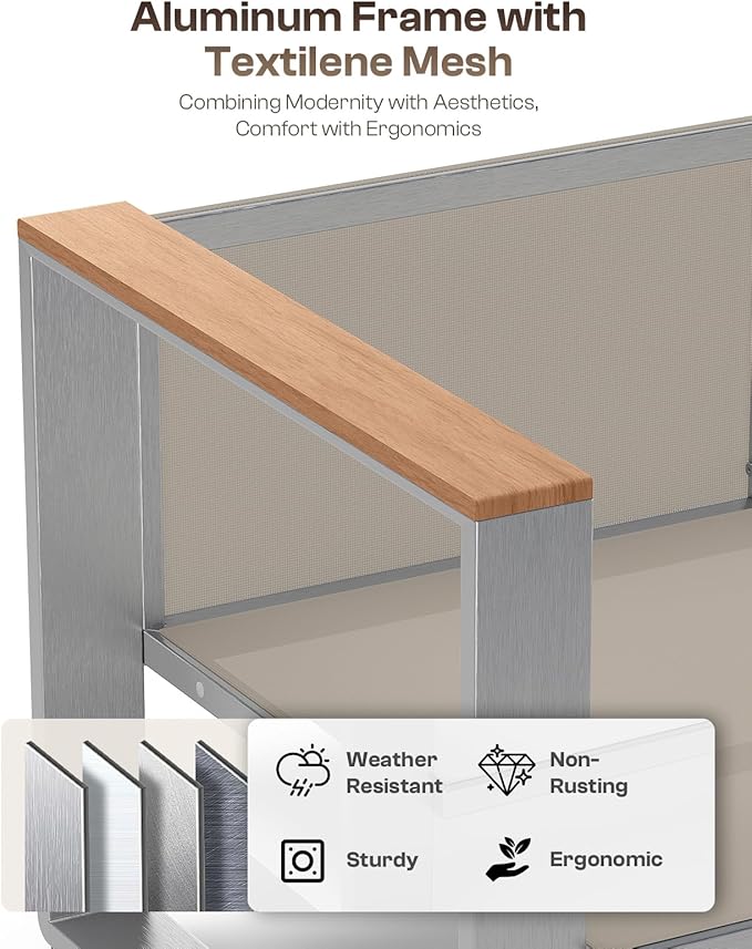 Outdoor Patio Furniture Set, 7 Seats Outdoor Patio Conversation Sets with Ergonomic Seat and Wide Washable Thick Cushions, Modern Patio Sectional Furniture for Balcony, Porch（Teak-Gray
