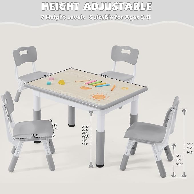 Adjustable Kids Table Chairs Set – Graffiti Desktop, Multi-Activity Height-Adjustable Toddler Study Desk for Ages 3-8 – Ideal for Home, Classroom, Daycare (W-Gray, 4 Chairs-31.5" L x 23.6" W)