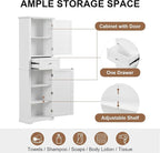 Tall Storage Cabinet, Bathroom Floor Freestanding Storage Cabinet with 2 Doors, One Drawer, and Adjustable Shelf for Bathroom, Office, Living Room, White