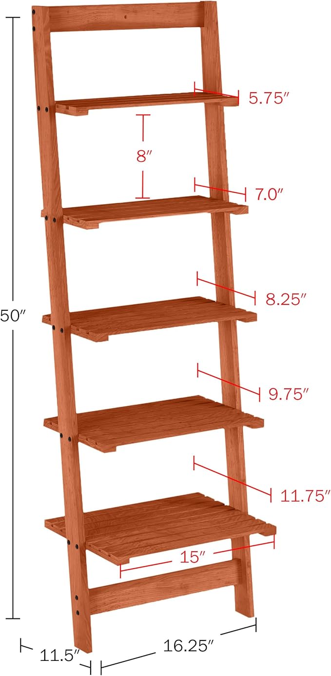 5-Tier Ladder Shelf - 50-Inch Narrow Leaning Bookshelf - Wooden Bookcase for Living Room, Bathroom, Kitchen, Office, or Bedroom Furniture by Lavish Home (Cherry)
