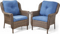 Patio Wicker Chairs Outdoor Furniture Chair - Set of 2 Outside All Weather Lawn Dining Brown Rattan Armchair with High Back&Deep Seating for Deck Porch Balcony Backyard Garden - Navy Blue