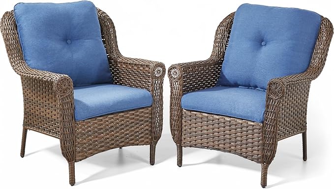 Patio Wicker Chairs Outdoor Furniture Chair - Set of 2 Outside All Weather Lawn Dining Brown Rattan Armchair with High Back&Deep Seating for Deck Porch Balcony Backyard Garden - Navy Blue