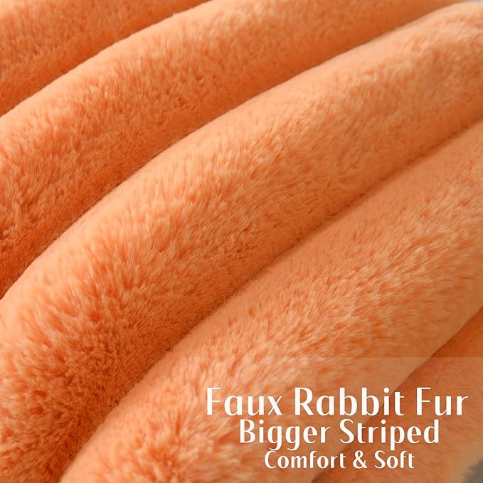 FUTEI Orange Decorative Throw Pillow Covers 26x26 Inch Set of 2, Square Soft Faux Rabbit Fur Thick Striped Euro Pillow Shams,Winter Home Decor for Couch Bed Living Room
