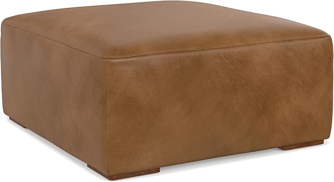 SIMPLIHOME Rex Ottoman in Full-Grain Genuine Leather, Caramel Brown, 34-inches Wide, Modern-Style Table Ottoman or Footrest, Assembled, for Living Room and Family Room